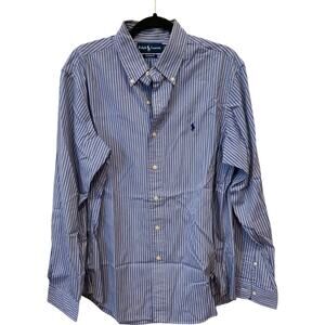 Ralph Lauren Mens Blue Striped Button Down Shirt Size L Custom Fit Long Sleeve